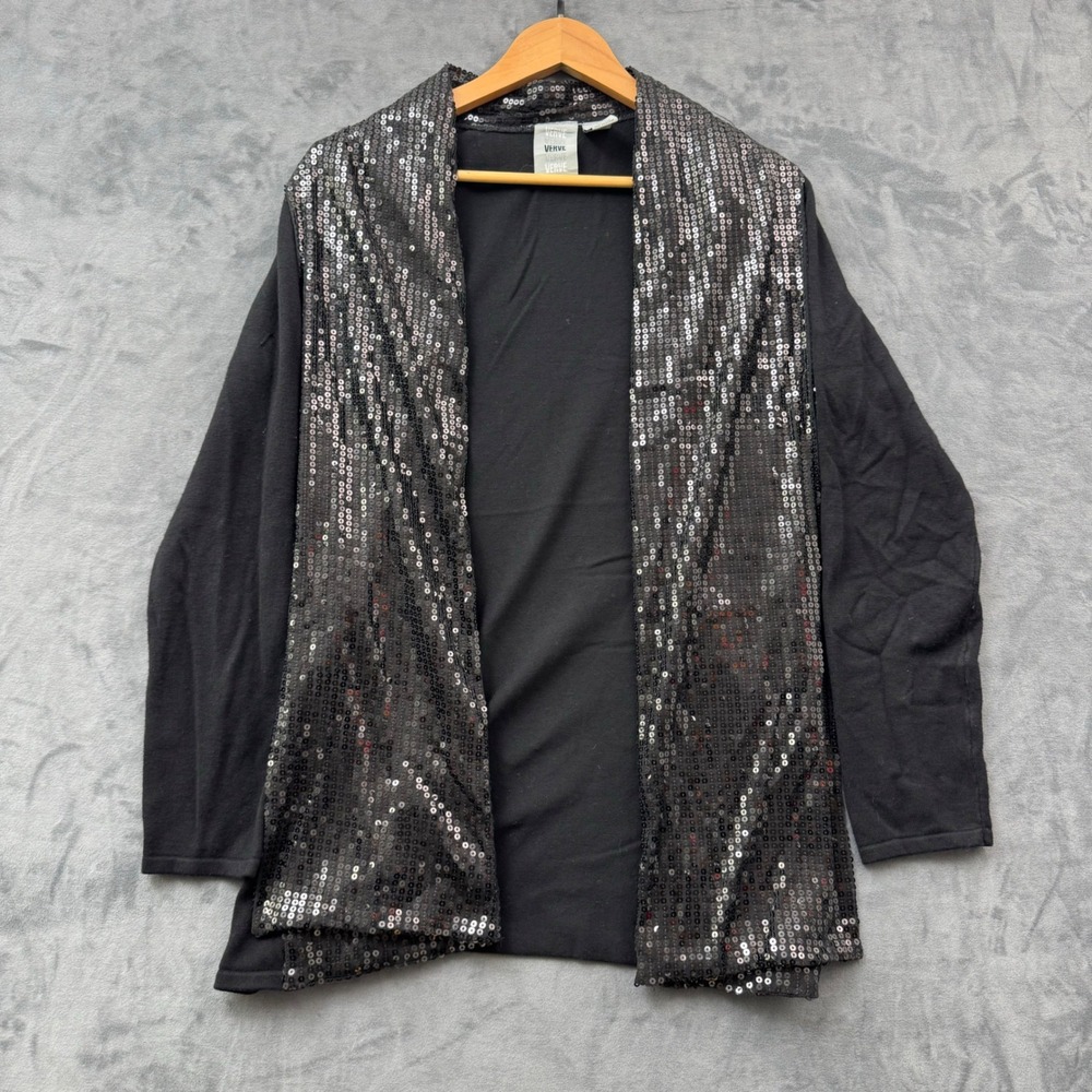 Verve Womens 1X Black Sequin Open Front Cardigan Long Sleeve Knit Top RN 114186